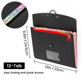 13 Pocket Accordion File Organizer with Elastic Closure, Expanding File Folder for Letter Size A4 Papers, Ideal for Home, Office Supplies, College Essentials - Black