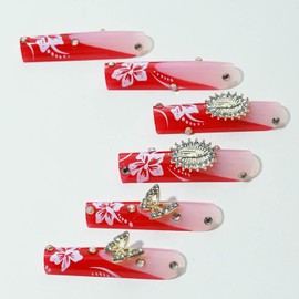 Long Press on Nails Square Fake Nails Red French Tip False Nails with Gold Butterfly Charms Designs Full Cover Glue on Nails Sparkly Artificial Nails Cute Stick on Nails for Women 24Pcs