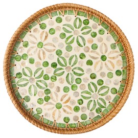 Aayoruro Round Rattan Tray with Mother of Pearl Inlay, Decorative Wicker Serving Tray with Wooden Base, Woven Basket Trays for Bread Fruits Coffee, Starfruit