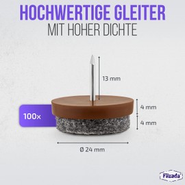 Filzada® 100 x Felt Glides Nail – Diameter 24 mm (Brown) – Professional Furniture Gliders/Chair Glides Felt for Nailing