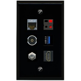 RiteAV CAT7 Coax HDMI Speaker TOSLINK USB 3 Flat/Solid Wall Plate [Black]
