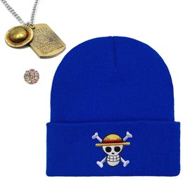 Zaky Luffy Beanie Hats Skull Skeleton Knit Hat One P. Straw Hat Costume Cosplay Necklace with Cartoon Character Zoro with Stickers 12 pcs (Blue)