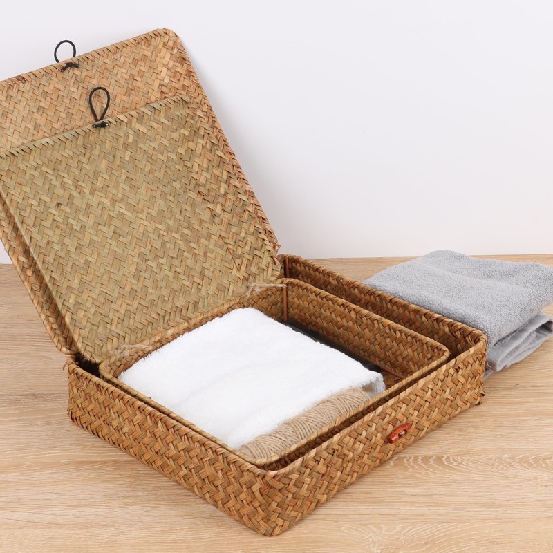 Moosky Flat Wicker Shelf Baskets with Lid, Seagrass Woven Basket