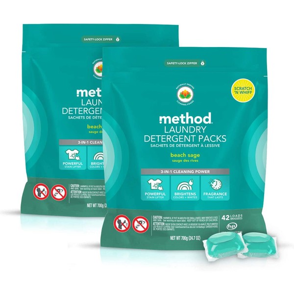 Method Laundry Detergent Packs, Hypoallergenic Formula & Plant-Based Stain Remover Solution that Works in Hot & Cold Water, Beach Sage Scent, 42 Packs per Bag, 2 Pack (84 Loads), Packaging May Vary