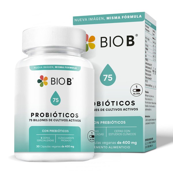 BIO B | Probióticos 75 billones UFC + prebióticos | 30 cápsulas veganas