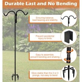 AnBaiMei 76 Inch Double Shepherds Hook for Outdoor with 5 Prong Base, Adjustable Heavy Duty Bird Feeder Pole for Hanging Flower Basket, Plant Hanger, Solar Light Lanterns, Black