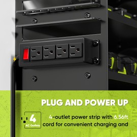 POKIPO Large Power Tool Organizer with Charging Station, Built in 4 Outlet Power Strip Drill Holder Wall Mount, Heavy Duty Metal Power Tool Storage Rack Shelf for Garage