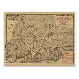 Vintage Brooklyn City Rail Road Company Advertising Bureau Map, Antique Style Street Layout Print, Sepia Tone Wall Art, Historical New York City Decor (18 x 24 inches)