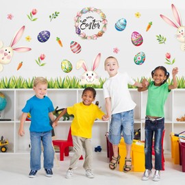 Mooliwe Easter Bulletin Board Set Happy Easter Classroom Decorations with Grass Border Trim Colorful Bunny Egg Cutouts for Easter Spring Party Supplies Classroom Home Wall Decor