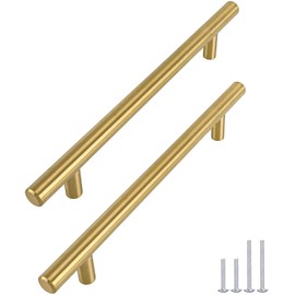 goldenwarm 5 Pack Brushed Brass Kitchen Cabinet Hardware Handle T Bar Handles Furniture Gold Door Drawer Pulls Knobs Hole Spacing 160mm 6-1/4in