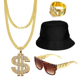 DOKLY 4 PCS Dollar Sign Pendant Necklace Ring Set,Metal Chain Necklace Sunglasses Fisherman's Hat,80s/90s Hip Hop Costume Kit Hip Hop Rapper Costume Jewelry Punk Style for Men Women