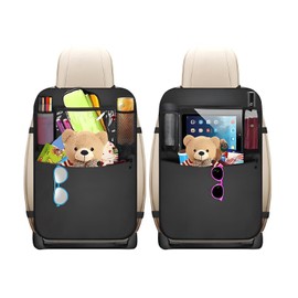 ZNDAW 2PCS Car Backseat Organizer, Multi-Pocket Back Seat Protector with 10.2" Tablet Holder, Waterproof Oxford Fabric Storage Bag Auto Kick Mat for Kids Toddlers (C with Large Pocket)