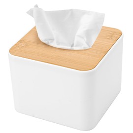 Square Tissue Box Cover 4x4x3 inch, Paper Holders Roll Jar with Bamboo Lid, Dryer Sheet Container for Modern Farmhouse Boho Decor, White Toilet Case, Space-Saving Wood Organized Bathroom