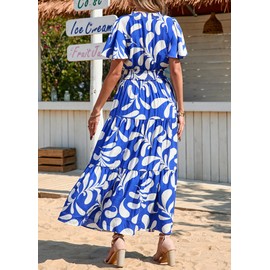 KIRUNDO Maxi Dresses for Women 2025 Floral Short Sleeve Spring Summer Smocked Waist Round Neck Flowy Beach Vacation Dress(Blue, Small)