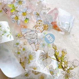 RICHTAPES Seahorse Forest Vol6 A35 Pear Blossom White, Pre-Cut Washi/PET Tape Stickers, Original Design, for Scrapbook Supplies, Scrapbook Tape Stickers, Junk Journal Supplies (Clear PET)