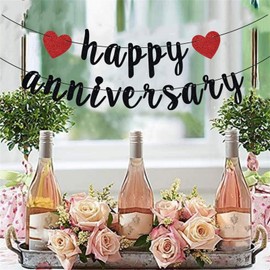 HQKJGSYX 2PCS (16.4ft) Happy Anniversary Banner Glitter Heart Sign Happy Anniversary Garland Decorations Black Wedding Birthday Party Banner Decorations