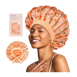 Vettres Floral Satin Bonnet For Sleeping Women Double Layer Pleated Design Adjustable Shower Cap For Curly Hair Orange