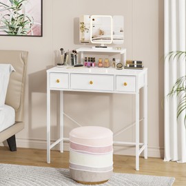 HIGDBFE HIGDBFE Makeup Vanity Desk with Mirror and Lights & 3 Drawers, Small Vanity Desk with Height-Adjustable Stand, Vanity Table for Girls Gifts, Bedroom and Small Spaces, Fabric Drawer, 27.5'', White