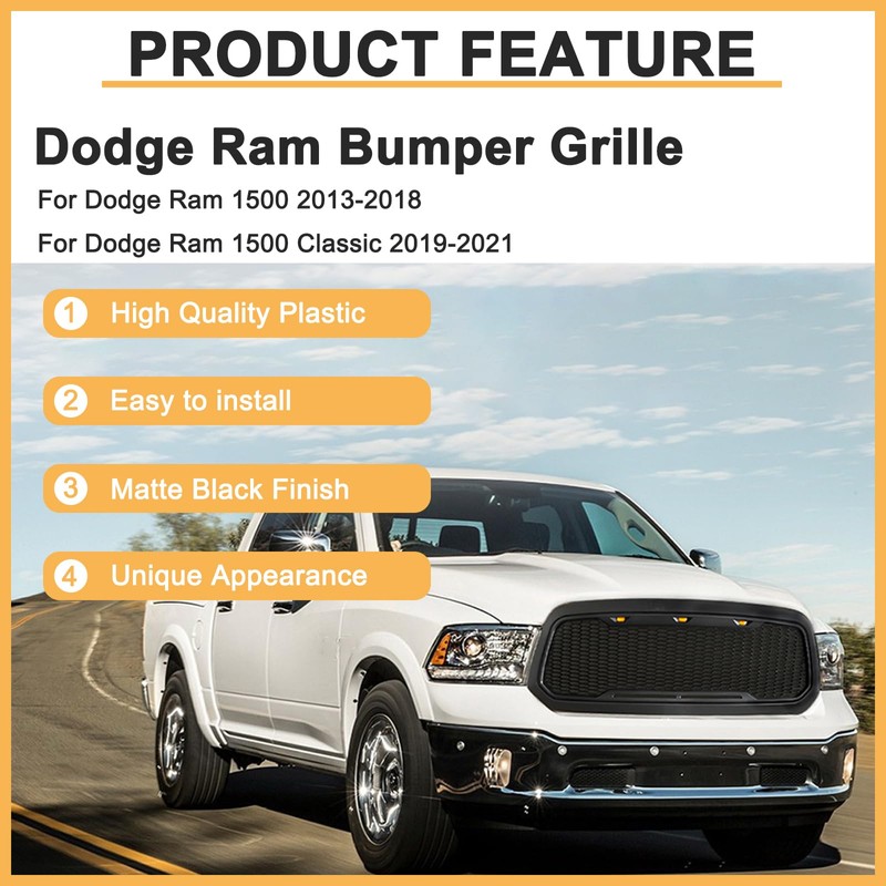DIBON AUTO Front Honeycomb Grill for Dodge Ram 1500 2013-2018