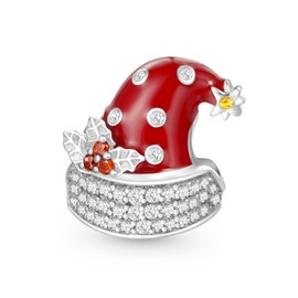 GNOCE Christmas Charm Bead Christmas Hat Charm 925 Sterling Silver Engraved Individual Birthstone Heart Charm Bracelet/Necklace for Women Girls, Sterling Silver