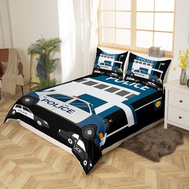 Kids Police Car Bedding Set Single Size Boys Cartoon Car Duvet Cover Emergency Responder Vehicles Comforter Cover For Girls Blue Grey Bedspreads Cover With 1 Pillow Case Bedroom Decor