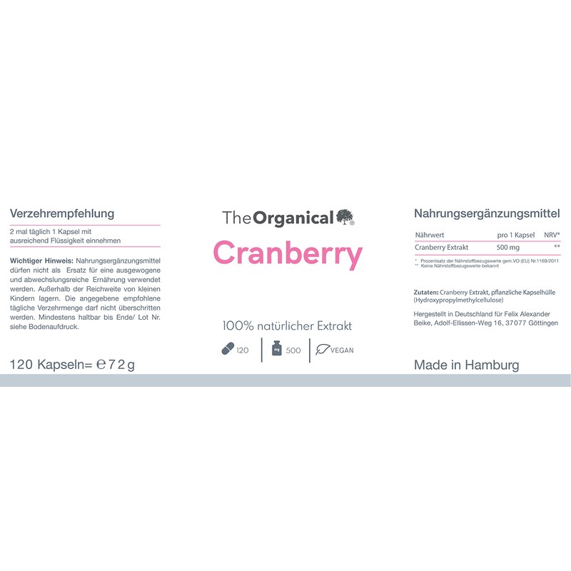 TheOrganical® Cranberry Capsules, 100% Natural Extract, Full Effect, 120 Capsules
