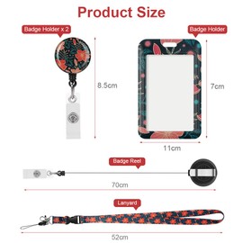 Vicloon Badge Holder with Lanyard, 2Pcs ID Card Holder, Retractable Badge Reel Clip & Detachable Strap (Red Flower)