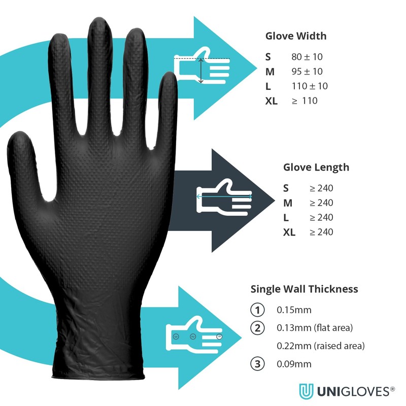 UNIGLOVES PRO.TECT Black Diamond HD, Nitrile Disposable Gloves, Beaded Cuff,