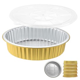 MESTAEK 10" Aluminum Foil Pans with Lids (5 Pack), Heavy Duty Grease-Resistant Containers for Baking, Heating, Meal Prep & Food Storage, 2" Depth, 67oz