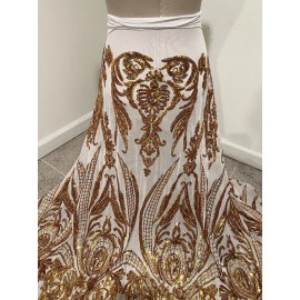 wowfabric4less123 Gold White  4way stretch sequins Embroidery Mesh Lace fabric 50” Width 1 Yard