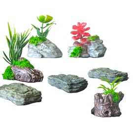 Miniature Fake Stone Rocks, Trees with Plants - 7 Piece Decorative Landscape Ornaments for Train Railway Sand Table Fairy Garden Accessories