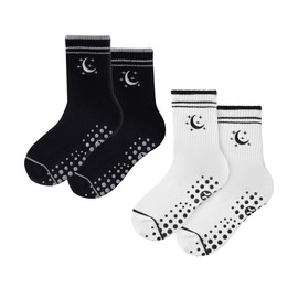 CoolMate Embroidered Pilates Socks with Grips for Women, Yoga Socks, Crew Non Slip Women for Workout, Barre, Pilates Gifts (US, Numeric, 6, 10, Regular, Regular, 2 Pairs Moon Star Black/White)