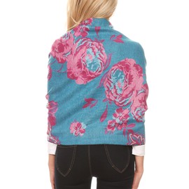 Sakkas 1755 - Aurora Floral Rose Pashmina Scarf Shawl with Fringe Super Warm Soft Vegan - Turq/pink - OS