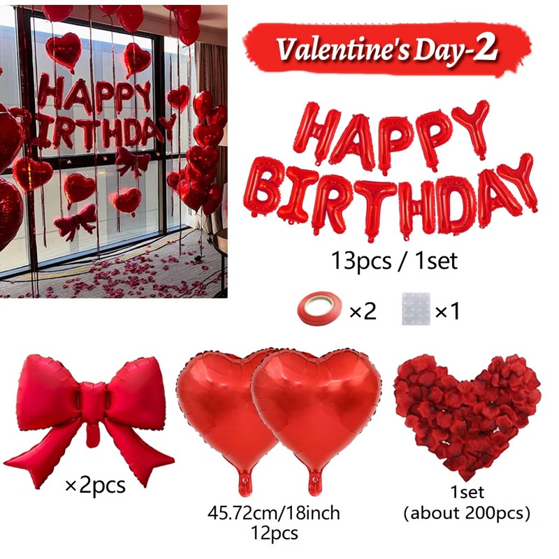 Red Birthday Balloon Set with Heart Foil Balloon - Romantic