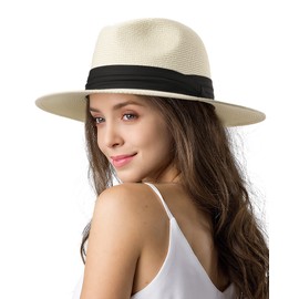 FURTALK Womens Mens Wide Brim Straw Panama Hat Fedora Summer Beach Sun Hat UPF Straw Hat for Women