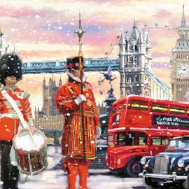 GBCC The Archive Collection Pack of 6 Artistic Charity Christmas Cards - 'London at Christmastime' - Big Ben and Beefeaters - From The Great British Card Company, multi, 141 x 141 mm