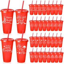 Skylety 32 Pcs Christmas Plastic Tumbler with Lid and Straw 24oz Plastic Holiday Stadium Cup Christmas Cup Red Cup Christmas Mug Reusable Adult Cup for Christmas Party Supplies, 8 Designs(Red)