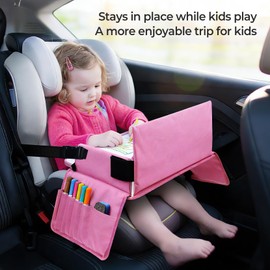 Julaiwy Car Seat Tray for Kids Travel, Carseat Tray for Toddler Road Trip Activities, Car Trays for Kids Road Trip Essentials, Travel Trays for Airplane, Toddler Car Seat Lap Table - Pink