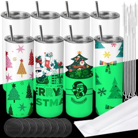 Joyclub 8 Pack Sublimation Tumblers Glow in the Dark 20 oz Bulk Blank Tumblers Skinny Straight Flat Bottom Cups White with Lid and Straw