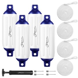 OBAKL Boat Fenders 4 Pack 6.5 x 23 Inches Ribbed Twin Eyes Boat Fenders Bumpers for Docking, Comes with Ropes and Pump to inflate(Blue and White)