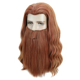 Orange Mixed Long Curly Mens Wigs With Mustache Halloween Cosplay Costume Party Wig