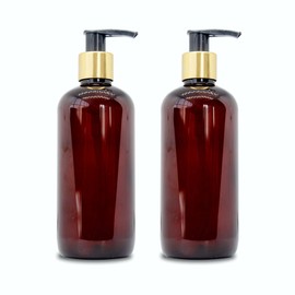 MYOC Amber PET golden cap pump bottle Refillable Empty Container Cosmetic Containers for Lotion Shampoo Massage Oils Outdoor Camping Travel 300 ML (Pack of 2)