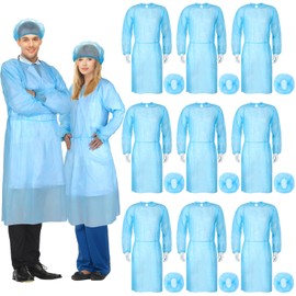 Xuhal 10 Set Disposable Isolation Gowns Set PPE Gowns Disposable and Non Woven Bouffant Caps with Elastic Cuffs for Labs Home Isolation Beauty Agencies Food Service, Unisex Adult (Blue)