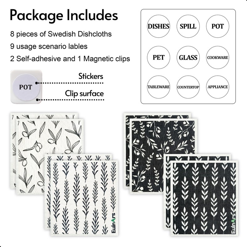 Eulnars Swedish Dishcloths for Kitchen, 8 Pack Flower Reusable Paper