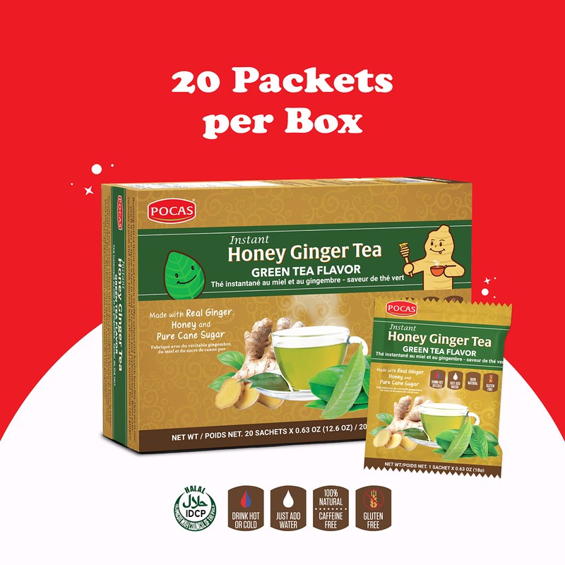 Pocas Honey Ginger Instant Tea Powder, Green Tea Flavor, Ginger