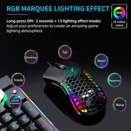 Sokelinn-six Wired Gaming Mouse Honeycomb Ergonomic USB Computer Mice with 13 RGB Backlit -12000 Adjustable DPI -7 Buttons Programmable for Windows PC Laptop Gamers