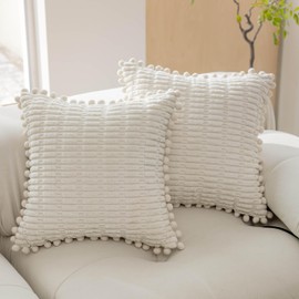Home Brilliant Cream Cushion Covers 45X45 Set of 2, Boho Pom Pom Cushion Covers for Sofa Bed, Super Soft Corduroy Cushions Covers, Cream, 45cm x 45cm