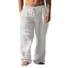 palglg Mens or Womens 100% Cotton Trousers with Elastic Waist & Out-Drawstring for Yoga Pants & Beach Wear White L