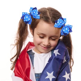 4th of July Hair Bow Clips - 2 Pcs Red White Blue Independence Day Hair Bows Clips Stars Stripes Alligator Barrettes Hair Accessories for Women Girls for Memorial Day (Light Blue-Star)