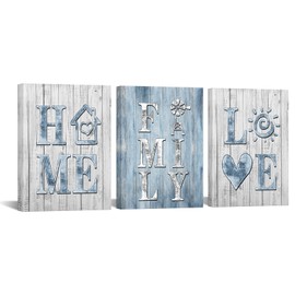 sechars Rustic Blue and Grey Wall Decor Home Family Love Painting Canvas Art Vintage Family Sign Decoration for Farmhouse Kitchen Dining Room